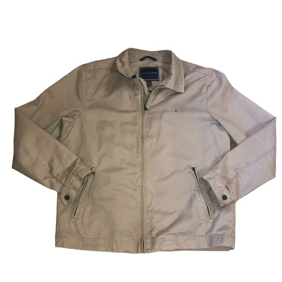 Y2K TAN TOMMY HILFIGER WINDBREAKER SZ L FULL ZIP PLAID LINING MENS - Picture 1 of 8